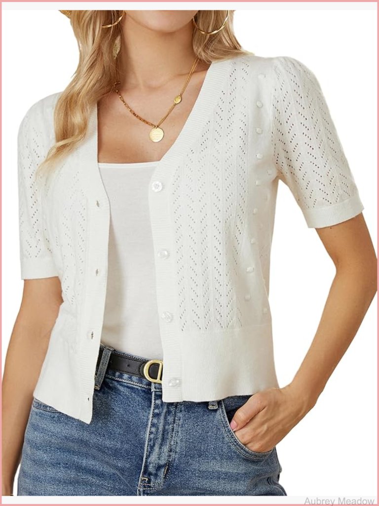Cropped Cardigan Sweater Short Sleeve Crochet Knit Bolero Shrug V-Neck Button